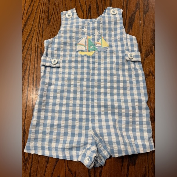 P.A. Kids Other - P.A. Kids Blue White Check Embroidered Sailboat Sleeveless Shortall 24m Snaps